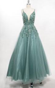 L2811T tulle fabric floor length with V neck and strap back